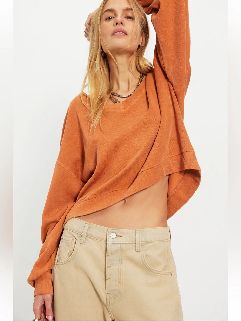 NWT Free People Comfort Zone V Neck Pullover Orange Fall Halloween Sweater Top
